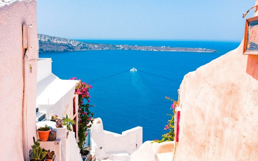 Peaceful Mediterranean village with stone buildings and olive trees