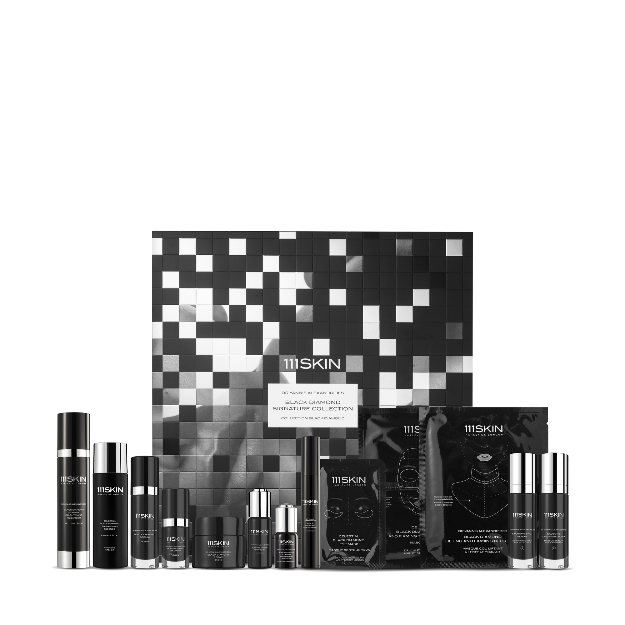 Black and gray checkered box with an assortment of luxury skincare bottles and serums arranged below