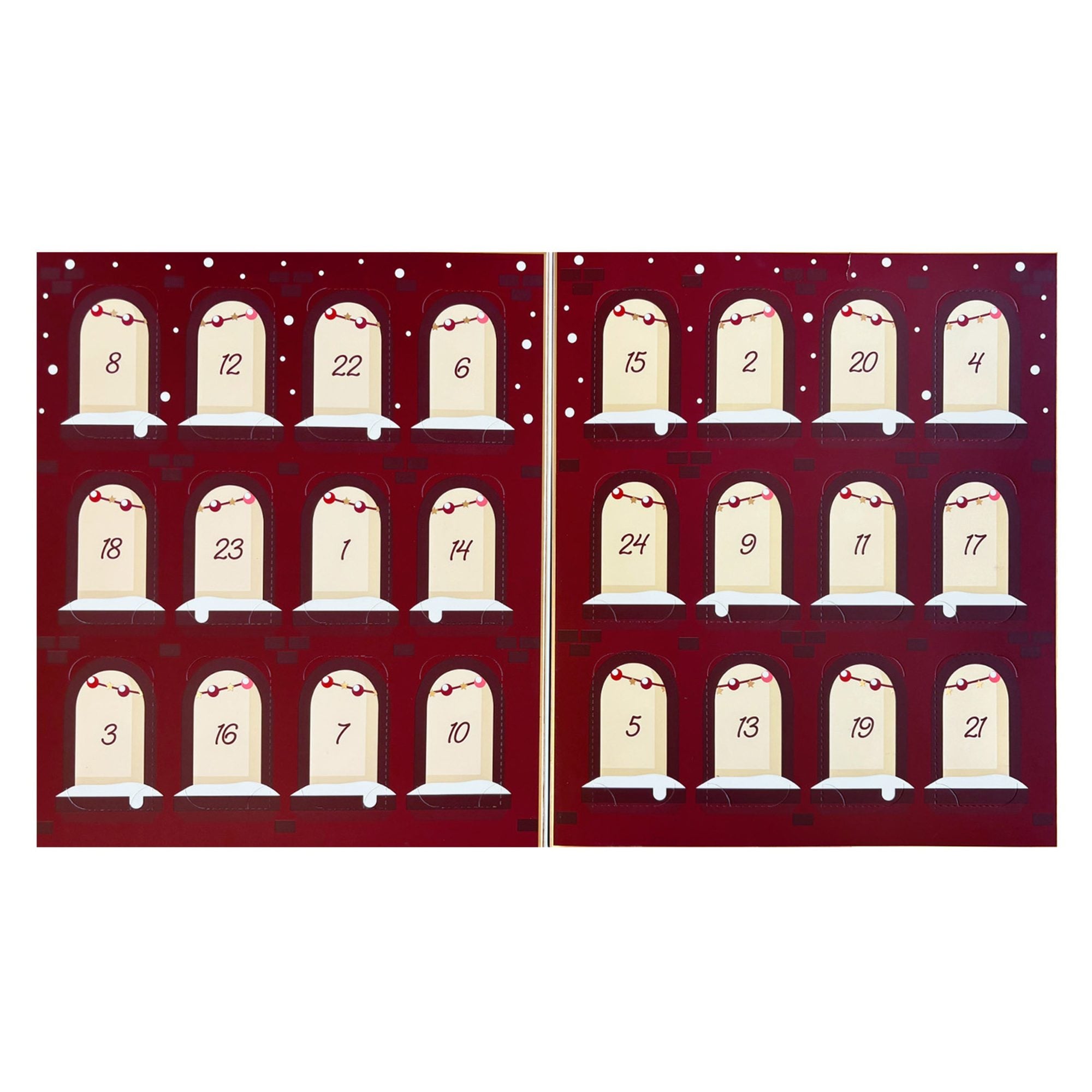 Red advent calendar with numbered nail polish bottles arranged in three rows