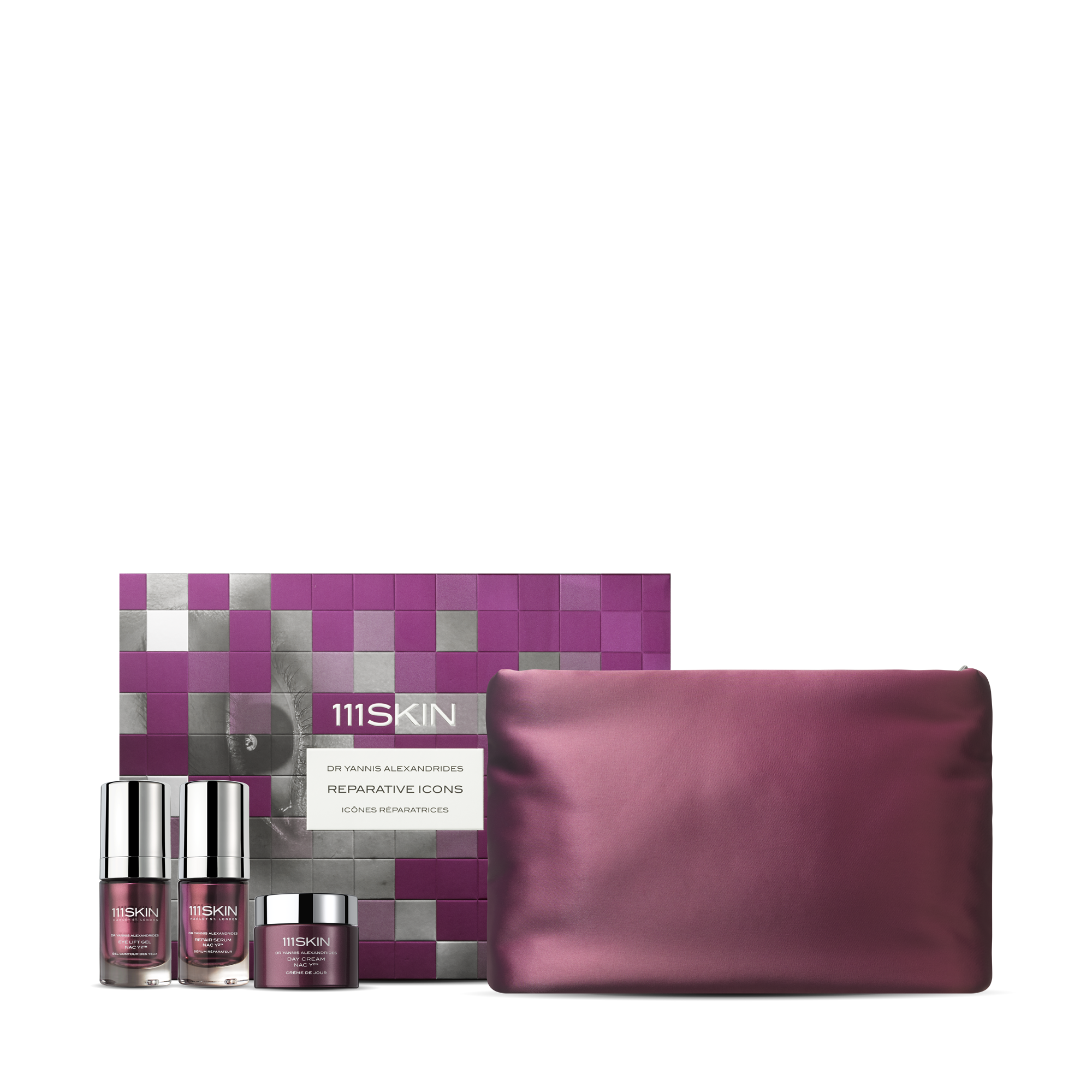 Purple pixelated box with two serums, a jar, and a matching cosmetic pouch