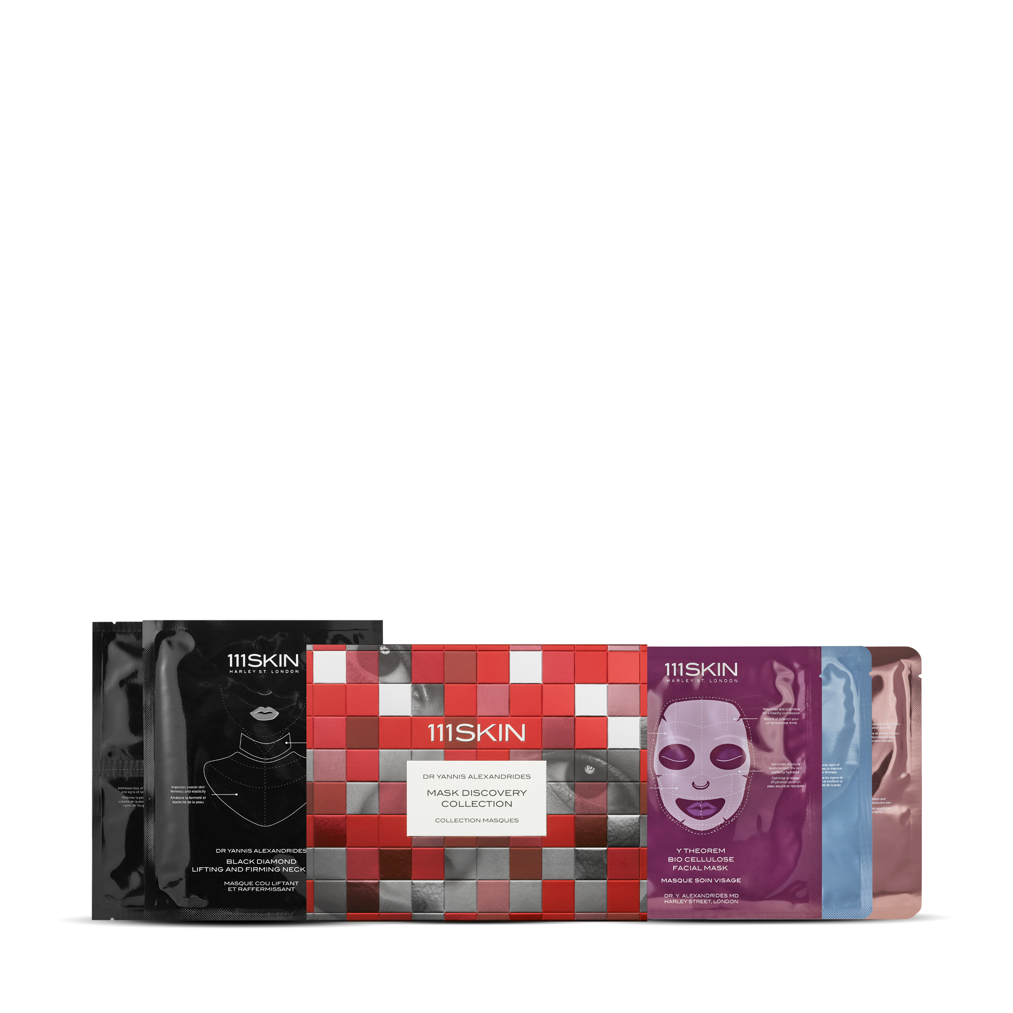 Multiple sheet mask packets and facial mask products displayed in a row
