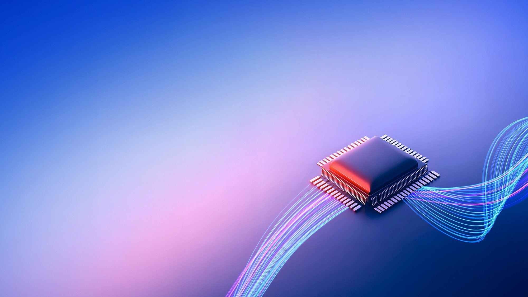 Processor chip with heat gradient and flowing fiber optic light streams on blue and pink gradient background