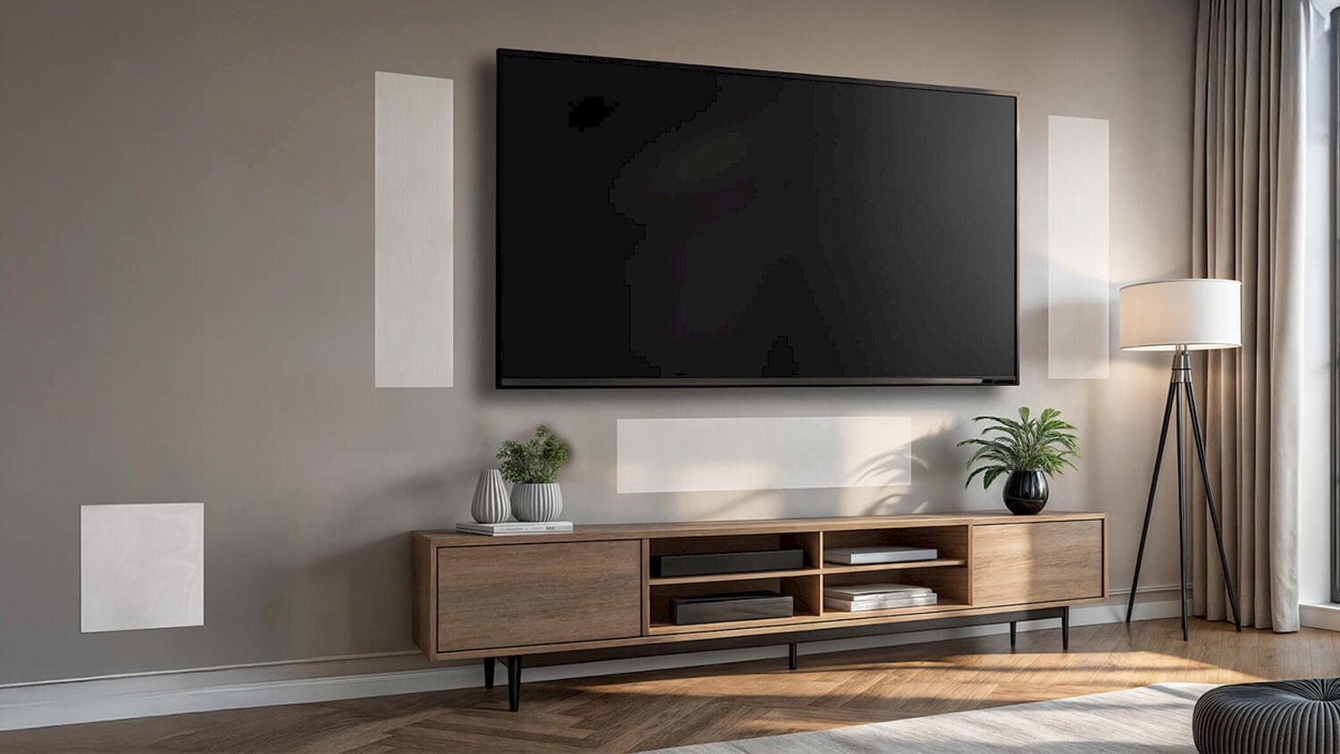 Flat-screen TV mounted on wall above wooden media console in modern living room