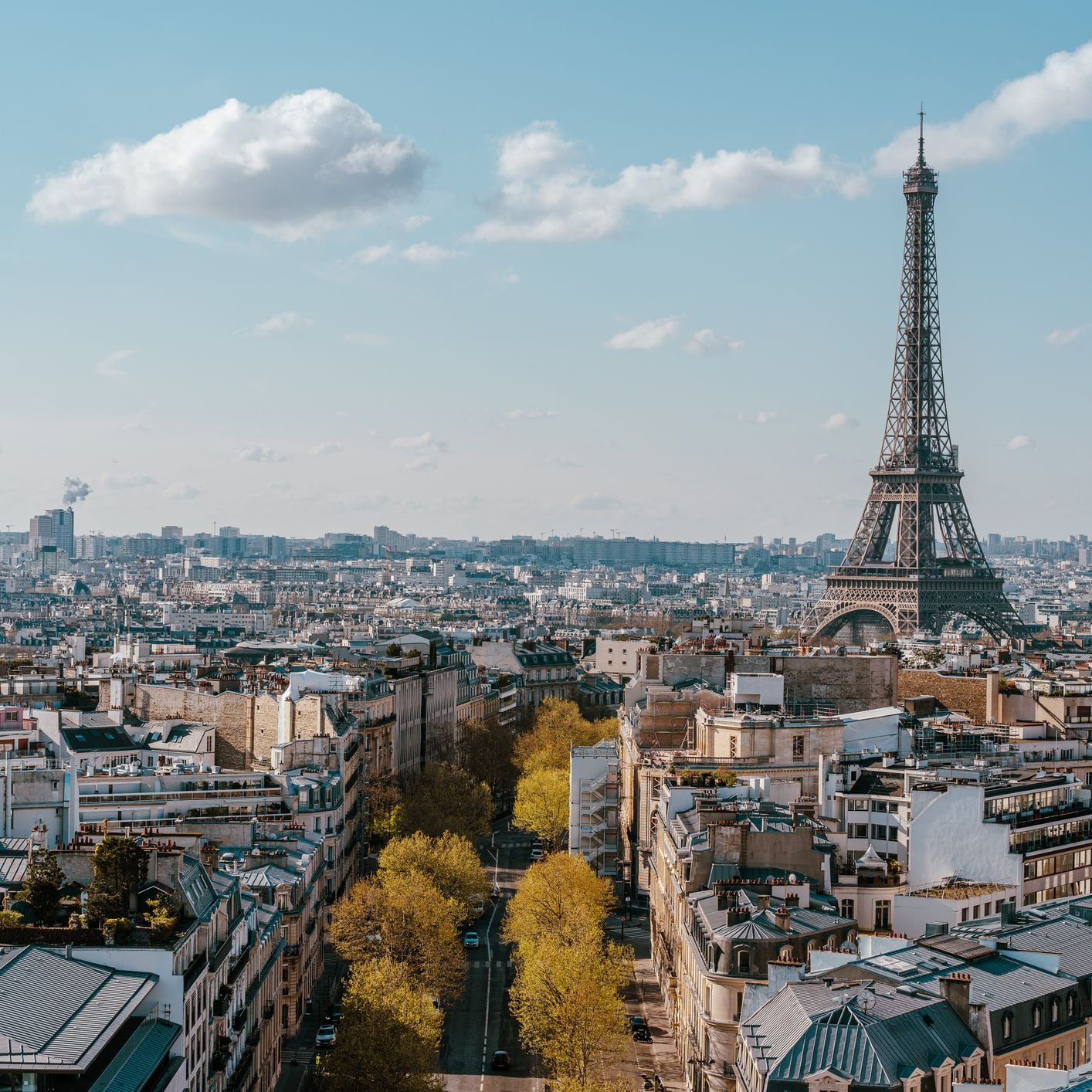 Eiffel Tower rising above Parisian rooftops and tree-lined avenue under clear blue sky