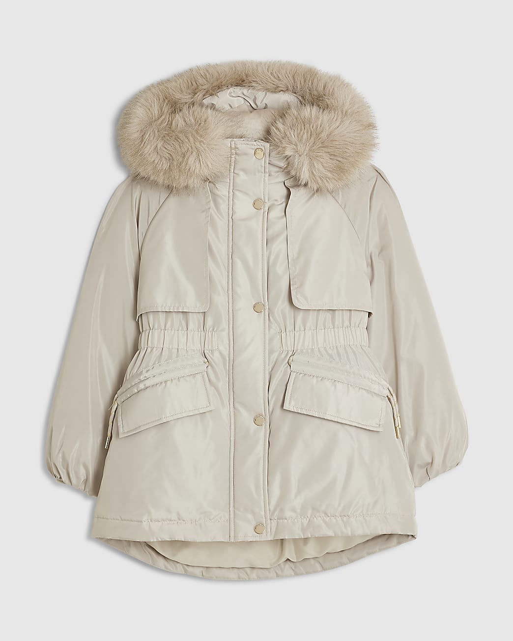 Beige puffer jacket with fur-lined hood and button front displayed on white background