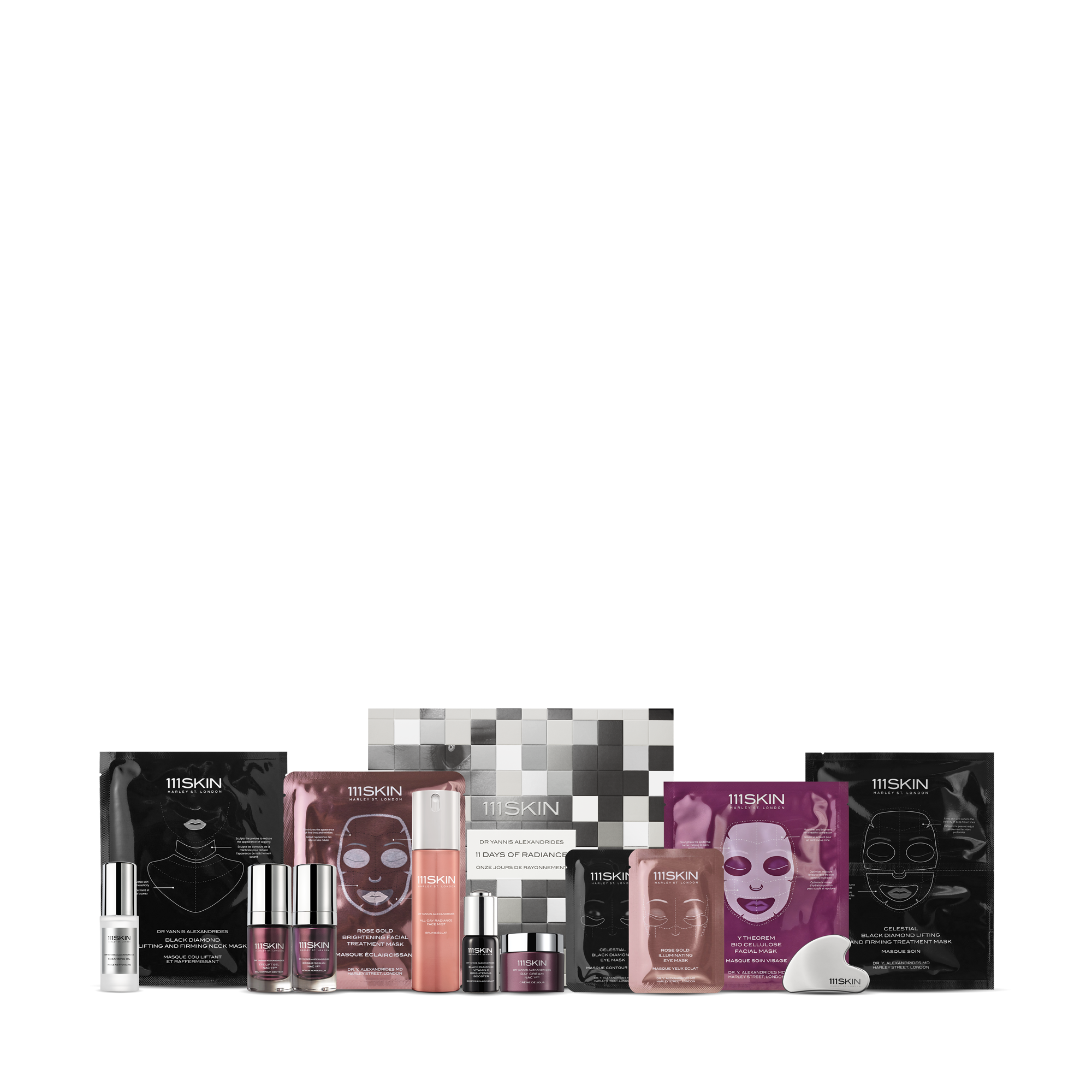 Five different facial sheet mask packets and complementary skincare products arranged horizontally