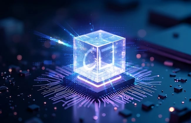 Glowing translucent cube with circuit board patterns mounted on illuminated microchip with radiating light trails