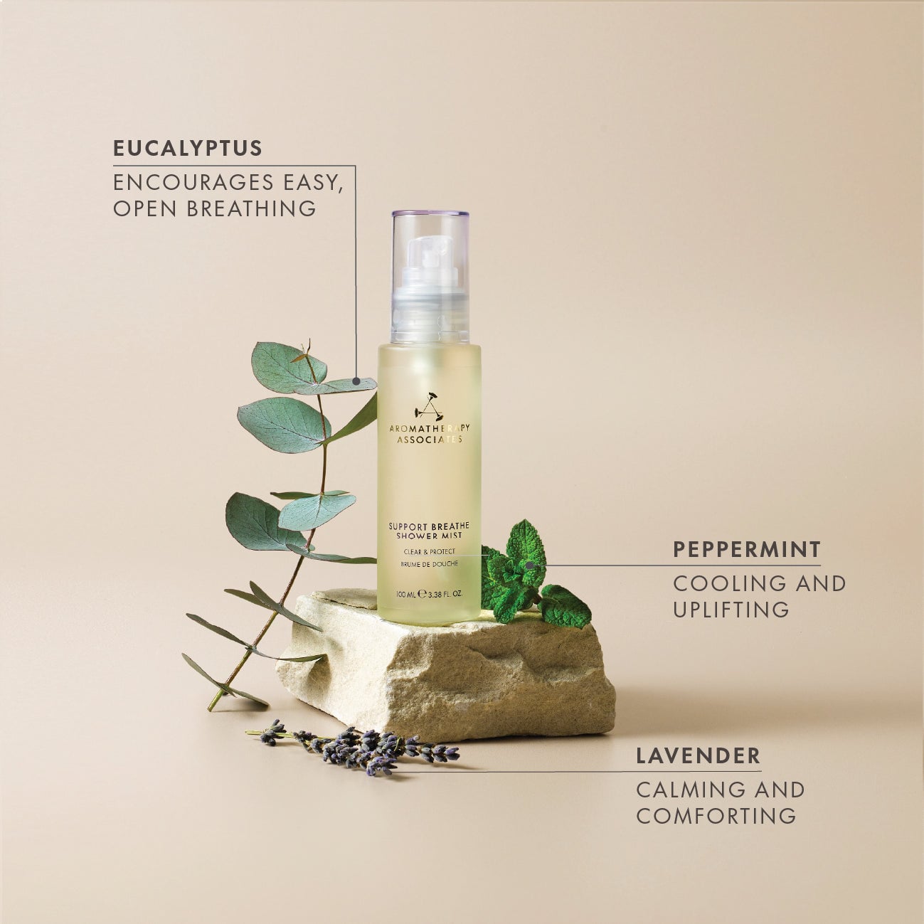 Support Breathe shower mist bottle displayed on stone with eucalyptus, peppermint, and lavender ingredients highlighted