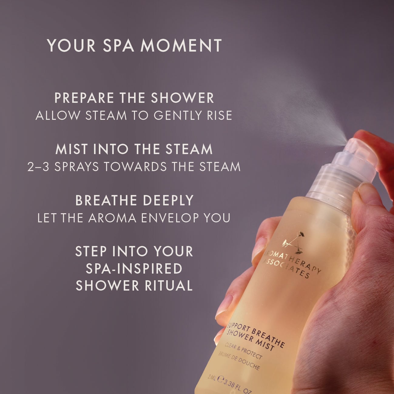 Text instructions for using shower mist in a spa-inspired ritual with steam inhalation steps