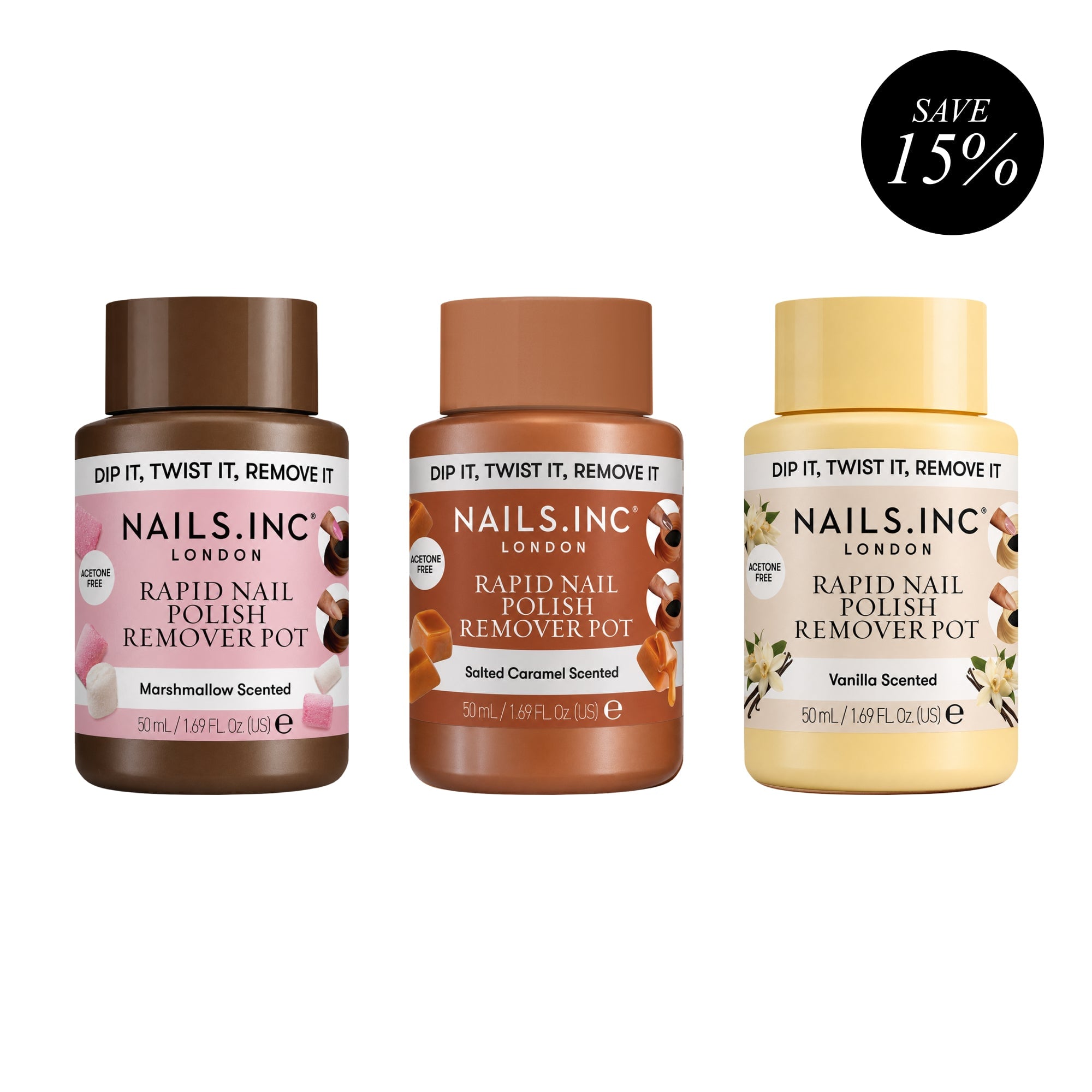 Three nail polish remover pots in pink, caramel, and vanilla scents with 15% savings badge